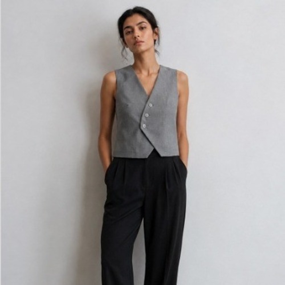 Divided H&M Womens Size XL Vest Asymmetric Button Gray Sleeveless V-Neck Stretch